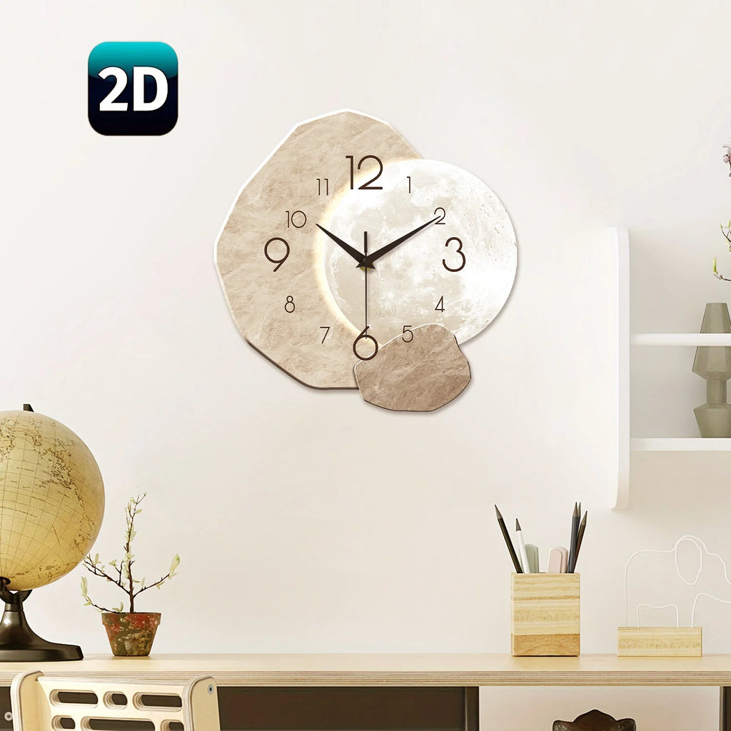 modern moon wall clock with geometric bamboo wood design above a desk