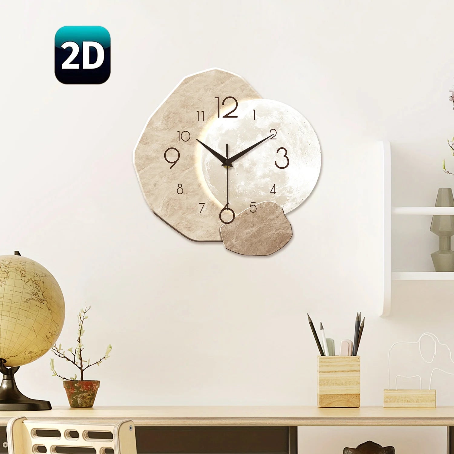 modern moon wall clock with geometric bamboo wood design above a desk