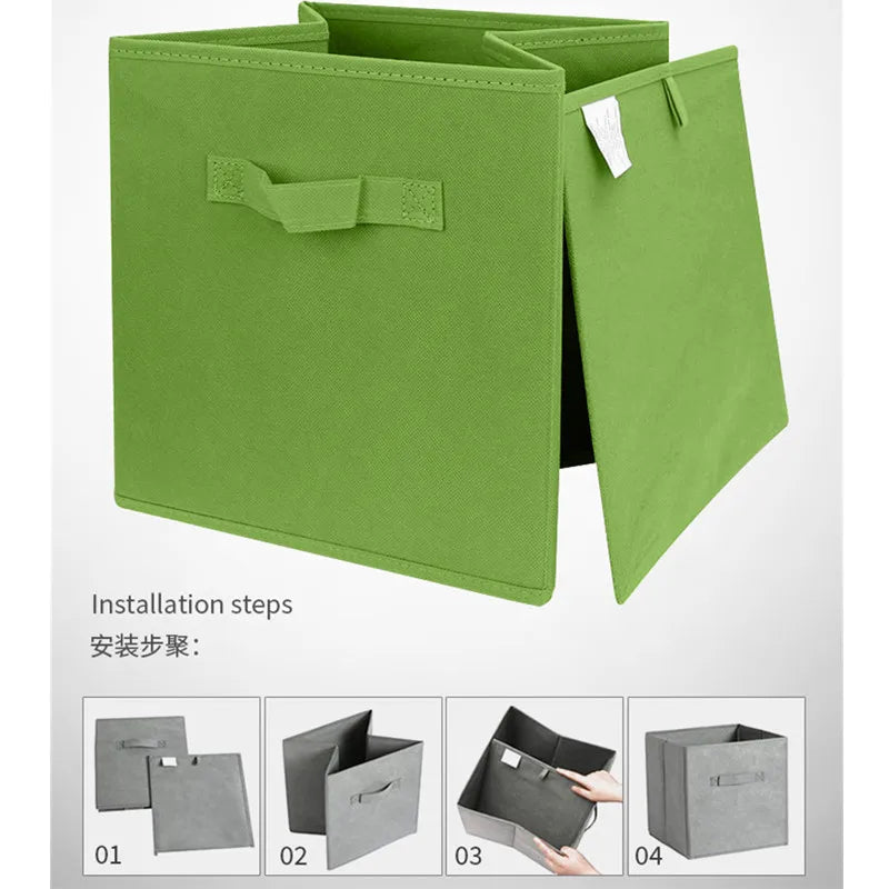 Green and grey foldable fabric cube bins shown flat and assembling, with simple step-by-step assembly instructions