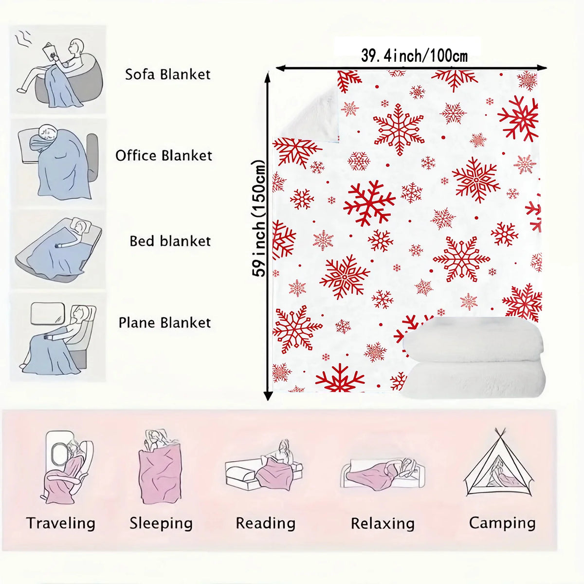 Winter Red Snowflake Flannel Fleece Throw Blanket for Sofa & Bed, Soft Holiday Decor