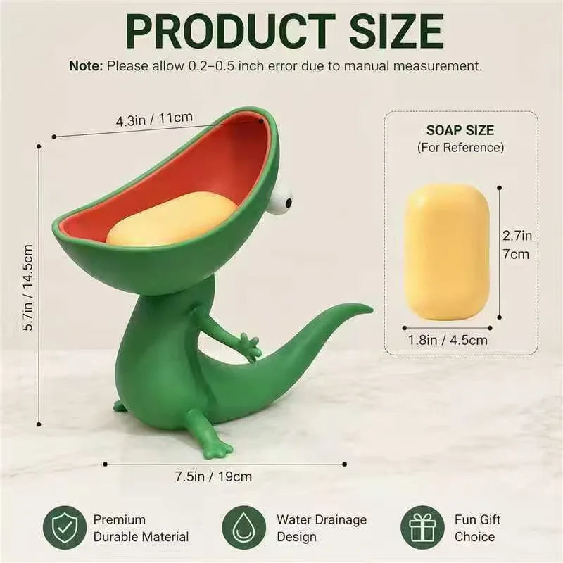 Lizard-shaped 3D printed soap dish with drainage slot, showing size and soap fit