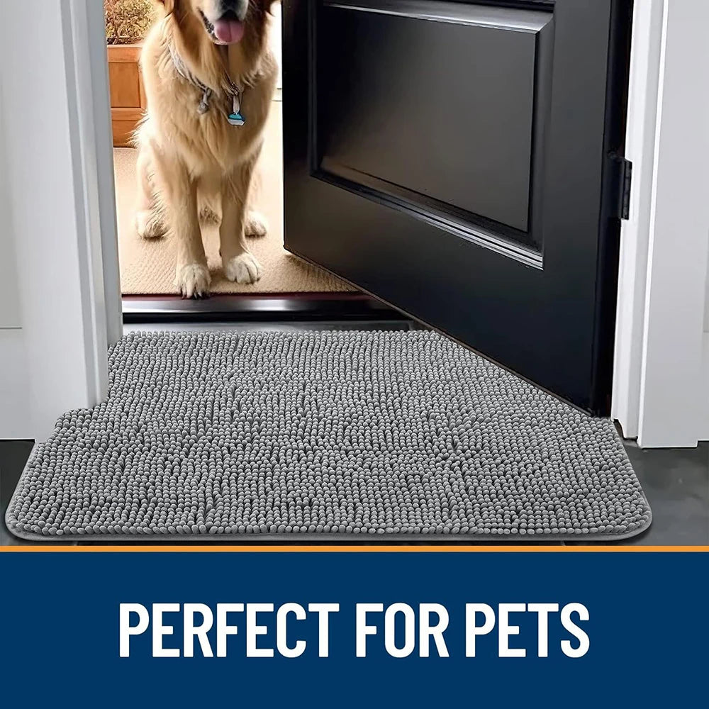 Dog at open door with grey pet doormat labeled perfect for pets
