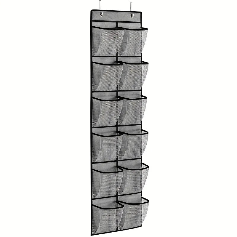 Over-Door Hanging Shoe Organizer with 12 Mesh Pockets and 2 Metal Hooks – Closet & Entryway Storage Solution