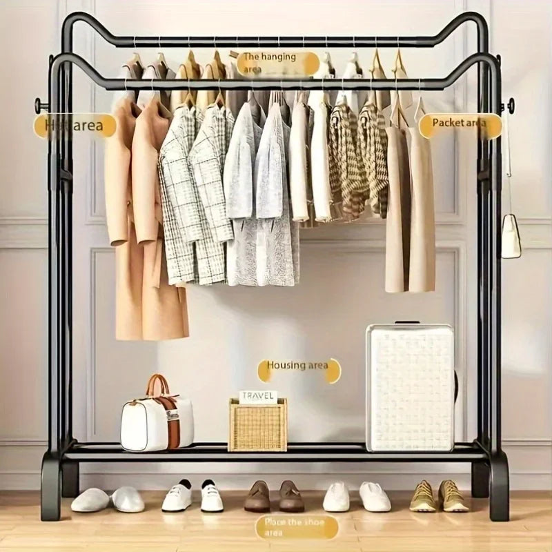Black twin bar bedroom clothes rack with labeled sections for coats, hanging clothes, bags, and shoes