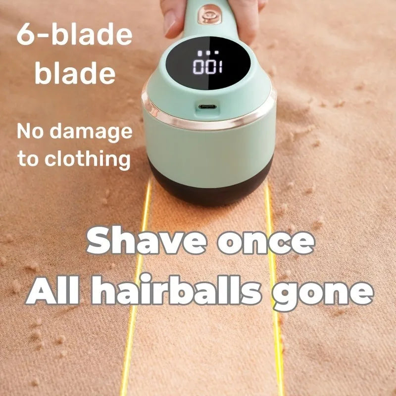 Close-up of fabric lint remover with six-blade head and display, used on clothing