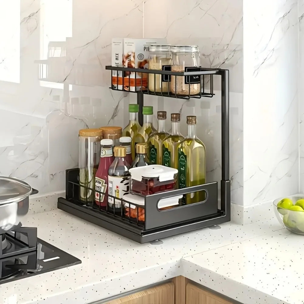 black metal under sink organizer shelf used on kitchen countertop for oil and seasonings