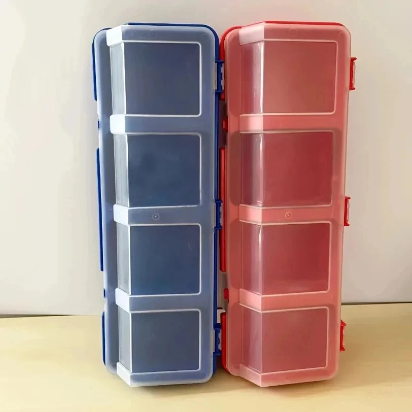 Blue and red organizer boxes standing upright, lids closed for color comparison