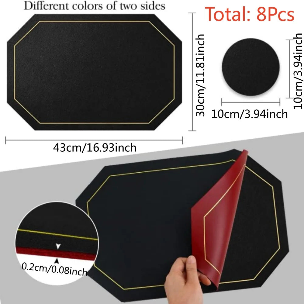 Product size graphic showing dimensions for octagonal placemat and round coaster, black and red dual-color detail