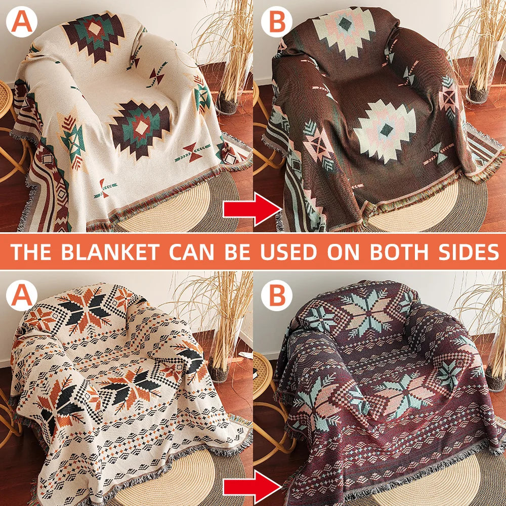 Split image showing both reversible sides of the Aztec throw blanket on chairs