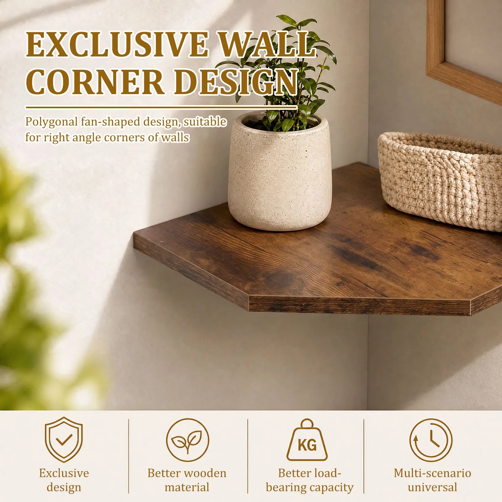 Close-up of a brown wooden fan-shaped floating corner shelf with a small plant and a woven basket, highlighting right-angle corner installation