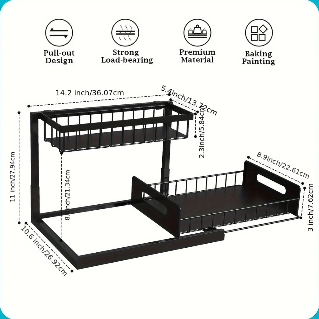 2-Tier Under-Sink Pull-Out Organizer – Metal Storage Shelf