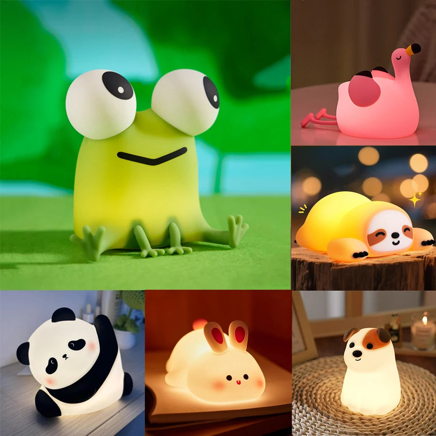 Collage of silicone animal night lights in frog, flamingo, sloth, panda, rabbit, duck, and dog shapes lit up on tables or nightstands