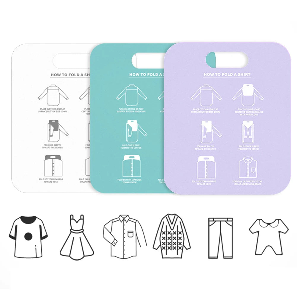 Laundry folding boards in white, green, and purple with illustrated folding instructions for shirts and icons for various clothing types