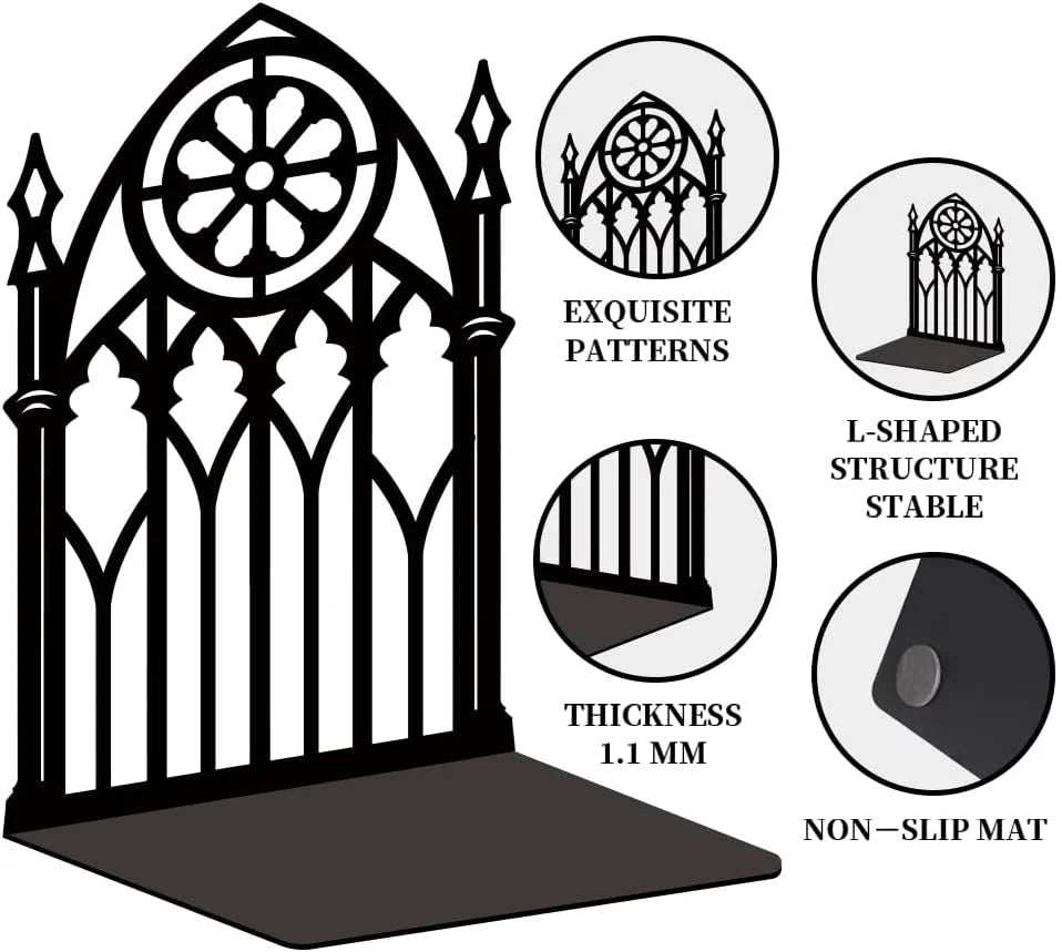 Closeup of gothic gate bookend features, showing pattern, base, and non-slip pad