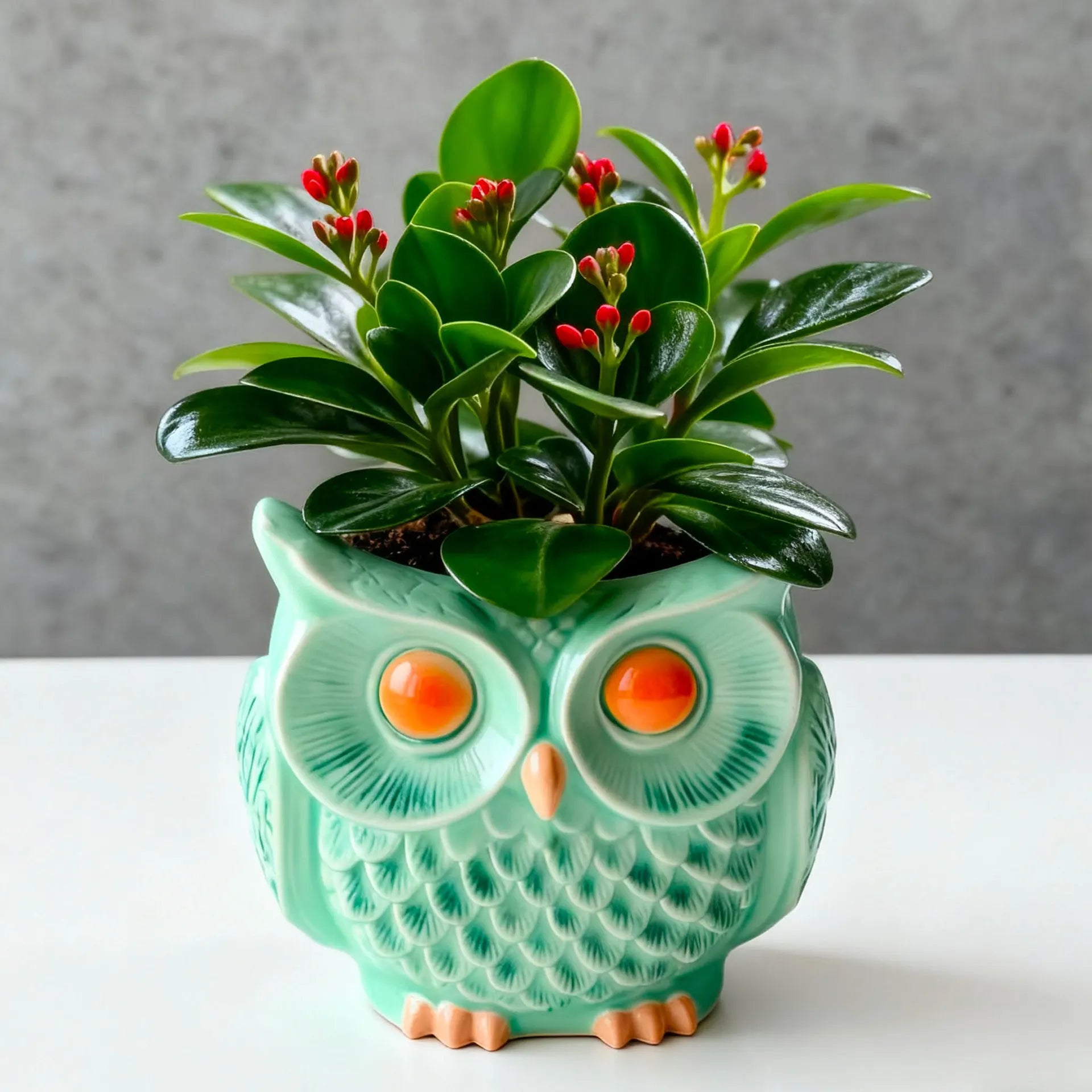 Mint green owl planter with plant and red berries