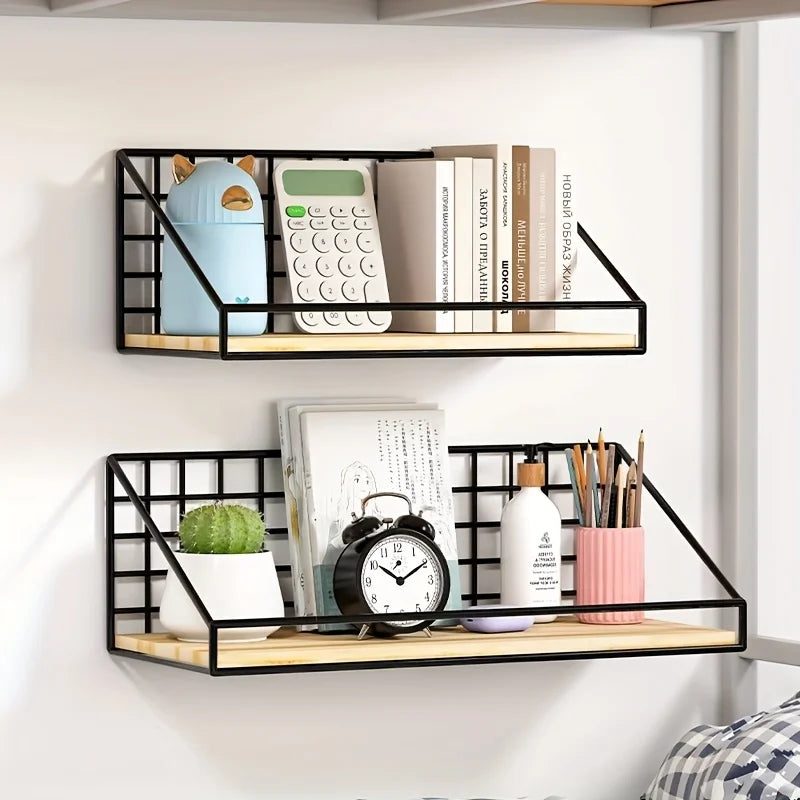Wall-Mounted Wood & Metal Floating Shelf for Bathroom, Bedroom, or Entryway Organization – Adhesive Installation
