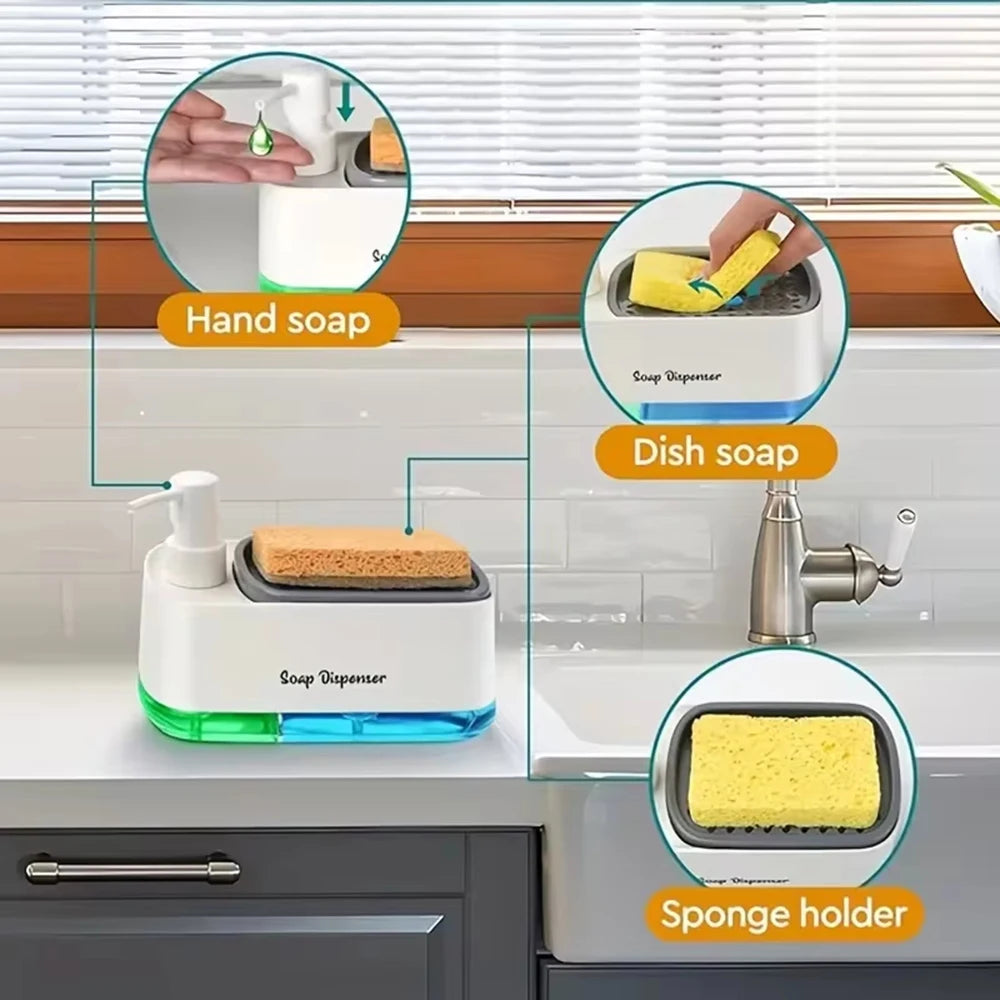 Dual-compartment kitchen soap dispenser explaining hand soap, dish soap, and sponge holder features