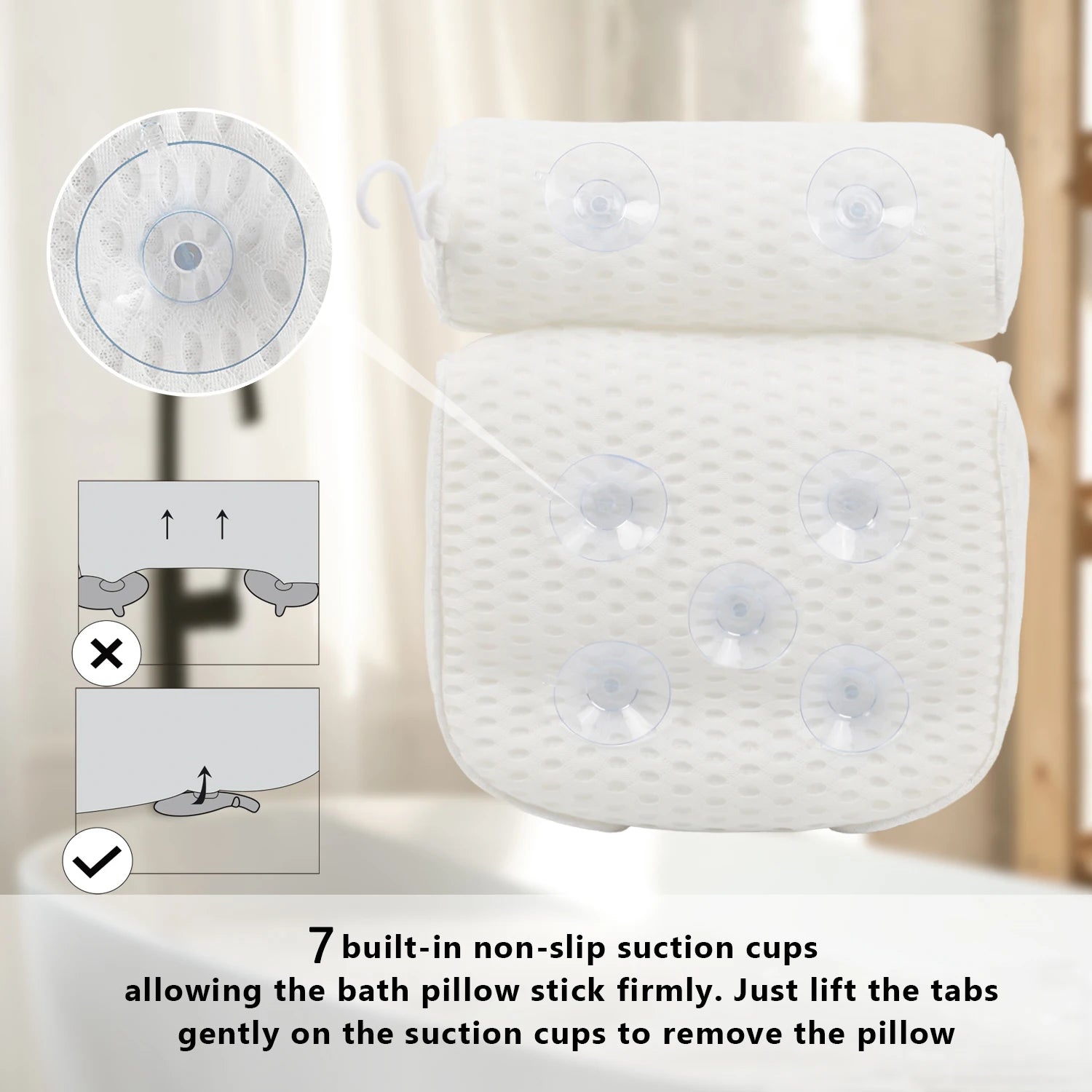 Back view of white bath pillow showing seven built-in suction cups and removal tabs