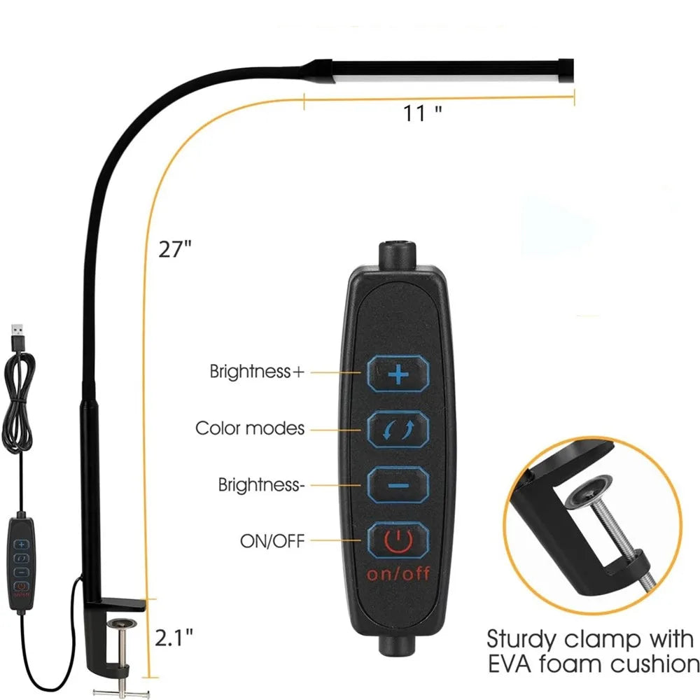 Adjustable Black LED Desk Lamp with Clamp and Dimmable Light for Home Office & Reading