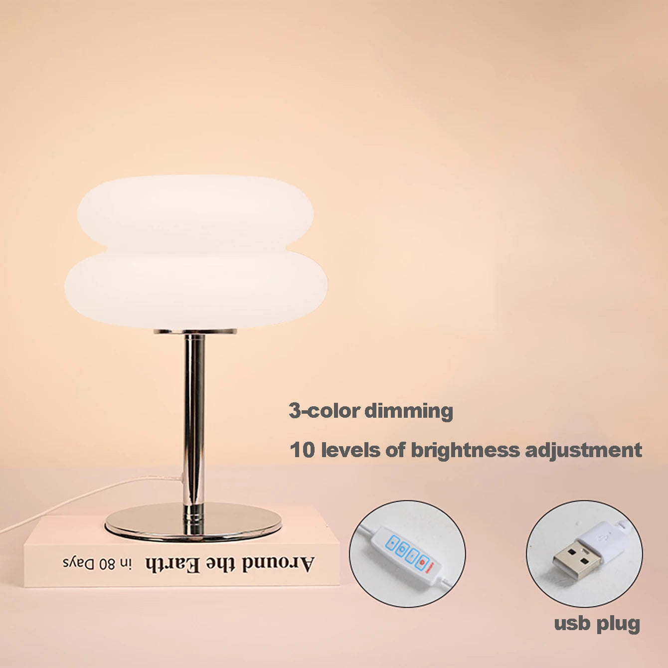 Mushroom-Style LED Table Lamp with USB, 3-Color Dimming