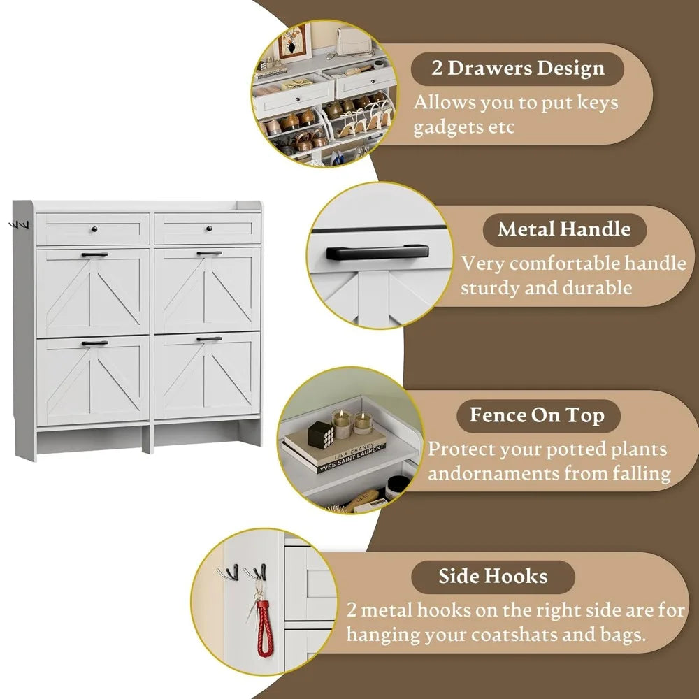 Close-up of entryway shoe cabinet features including top drawers, metal handles, fenced top, and side hooks