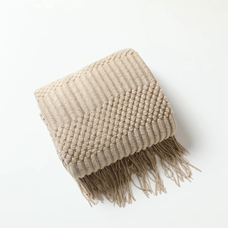 Nordic Knit Acrylic Throw Blanket with Tassels for Bed, Sofa, and Cozy Winter Decor