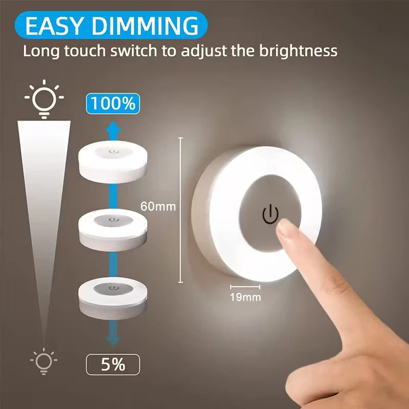 USB touch night light mounted on wall, finger adjusting brightness scale