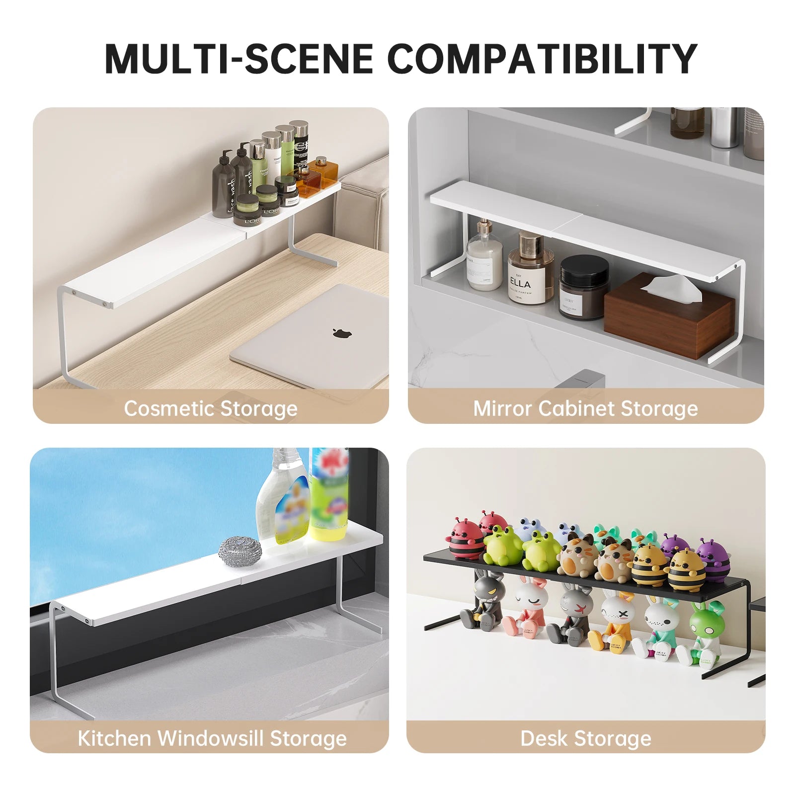 Infographic displaying organizer used for cosmetics, bathroom, kitchen windowsill, and desk storage