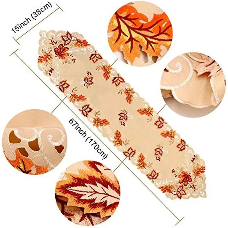 Diagram showing maple leaf fall table runner dimensions and embroidered details