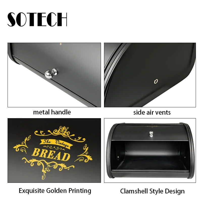 Clamshell Metal Bread Box in Black or Yellow for Kitchen Counter Food Storage