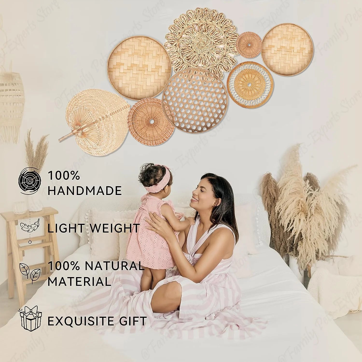 Handmade rattan basket wall decor with mother and child in a nursery setting