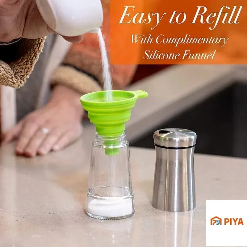easy refill glass salt shaker with wide opening and lid off