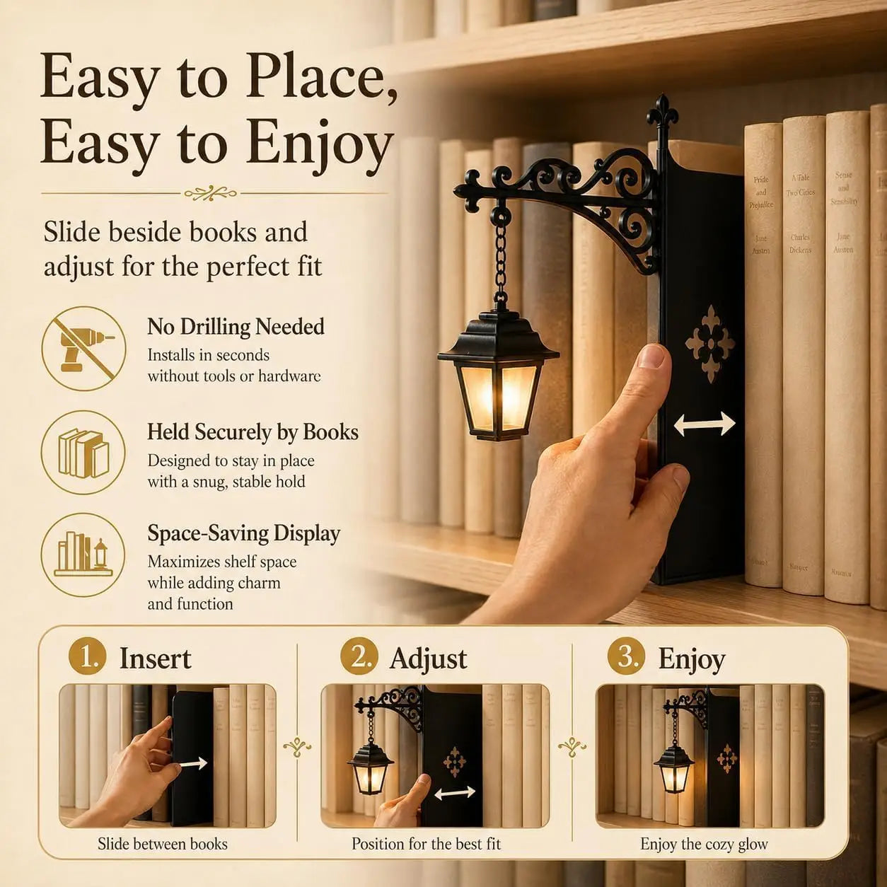 Infographic showing the lantern book nook lamp's easy, tool-free installation