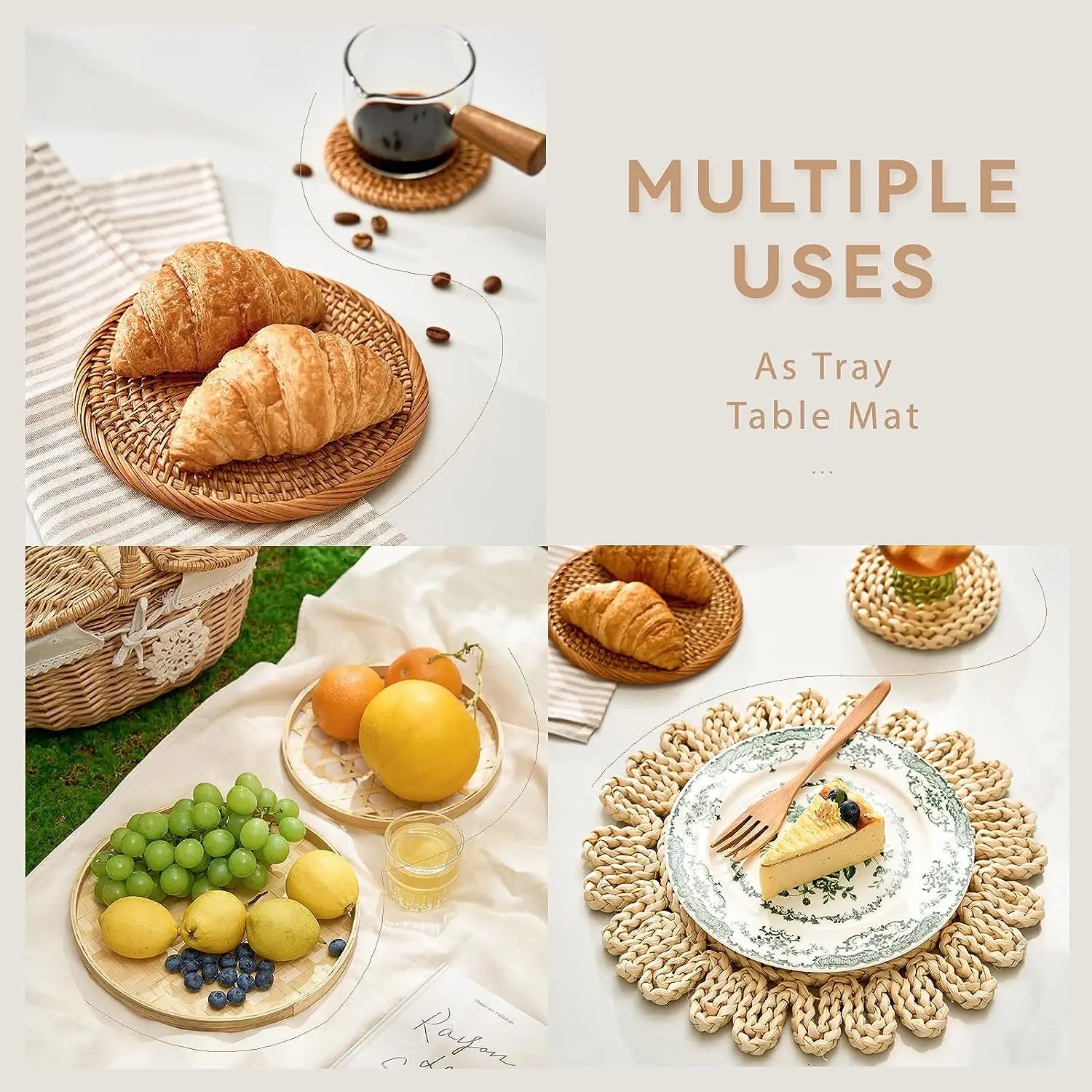 Closeup of woven baskets used as tray and table mats with food, shown on various surfaces