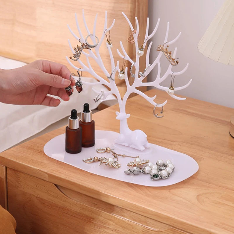 Reindeer Tree Jewelry Stand with Tray for Dressers or Nightstands