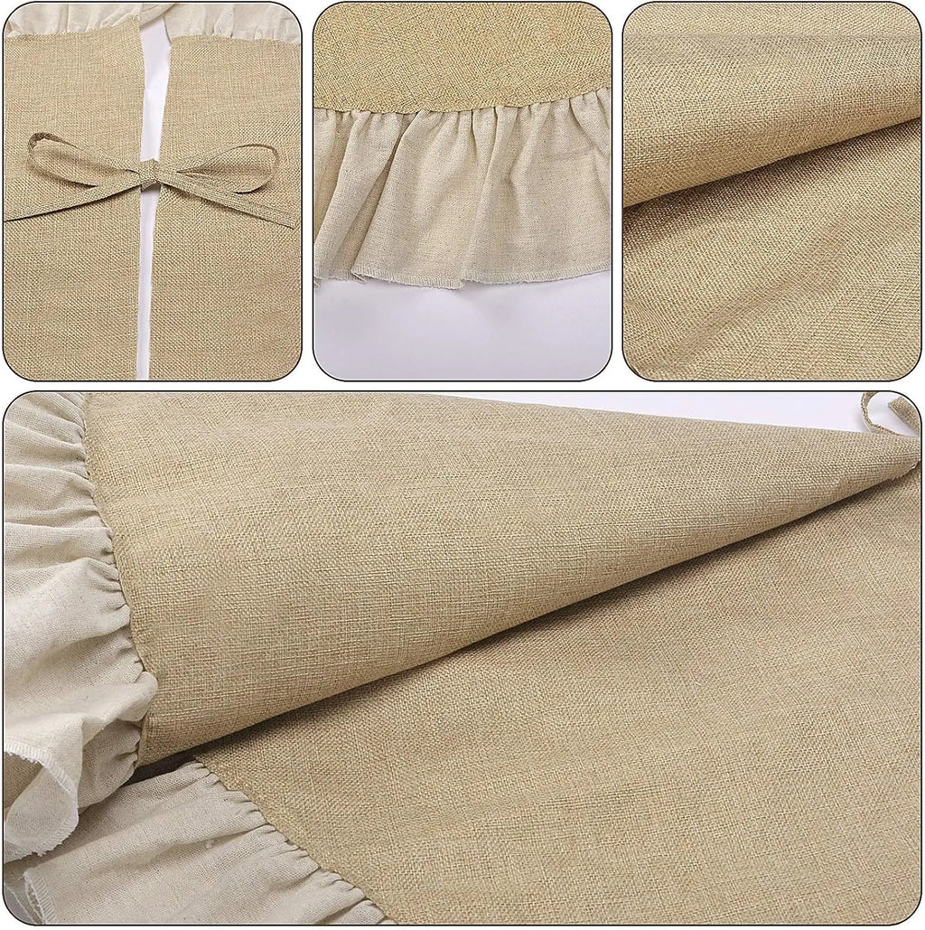 Close-up of ruffle edge, burlap fabric, and tie closure details on tree skirt