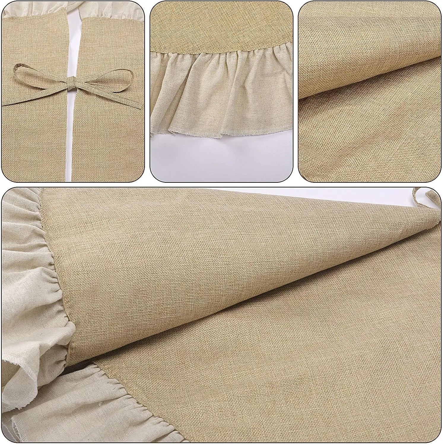 Close-up of ruffle edge, burlap fabric, and tie closure details on tree skirt