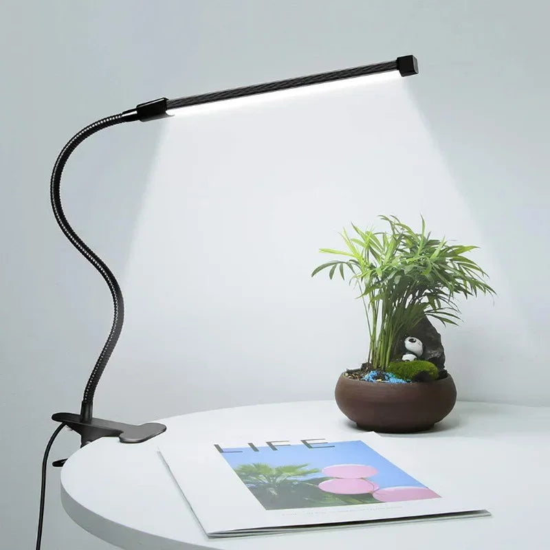 Clip-on flexible LED desk lamp shining onto a desk with plant and magazine