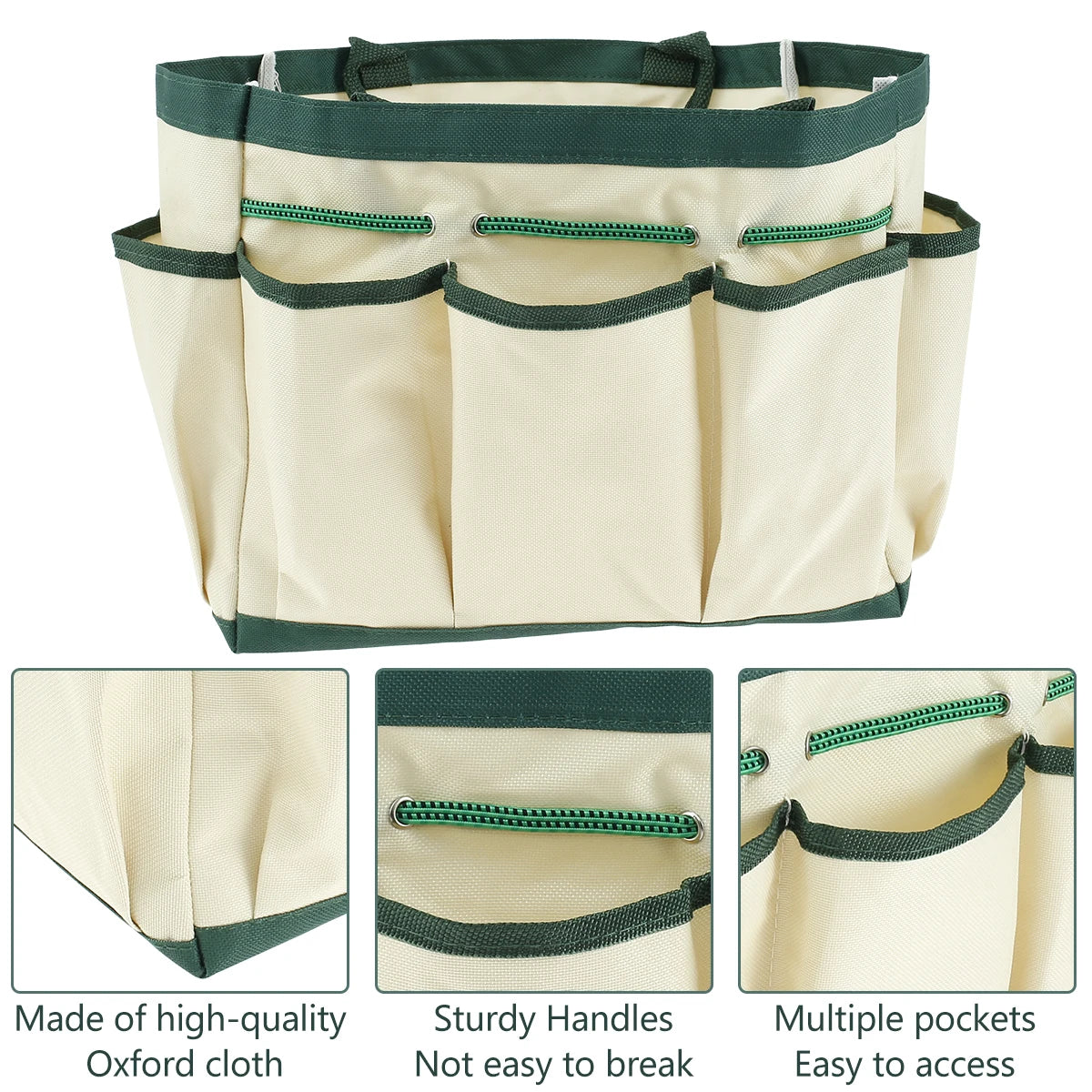 Khaki garden tool tote bag close-up focuses on stitching details, pockets, and handle construction