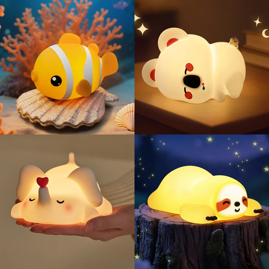 Assorted animal-shaped silicone night lights arranged in vibrant nursery settings
