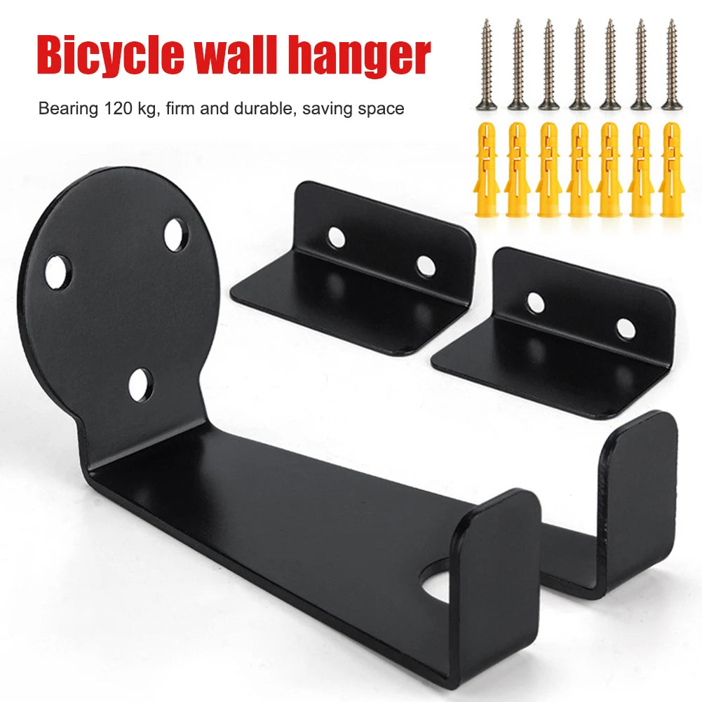 Black wall-mounted bicycle rack with two support hooks and installation hardware shown against a white background