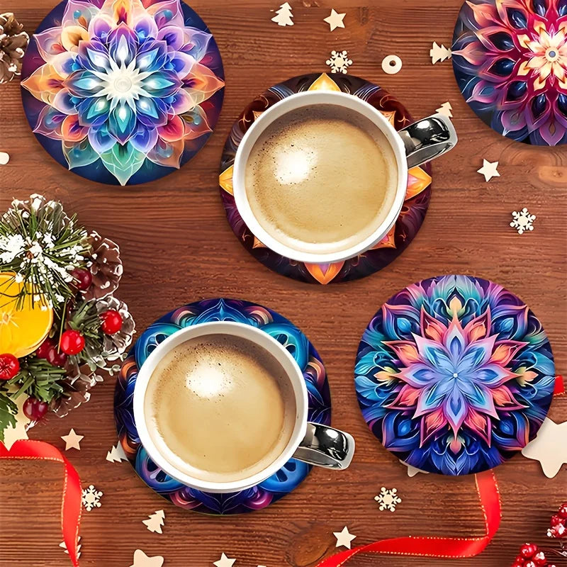 Mandala Flower Wooden Coaster Set, Single-Sided Print, Round, 4 in