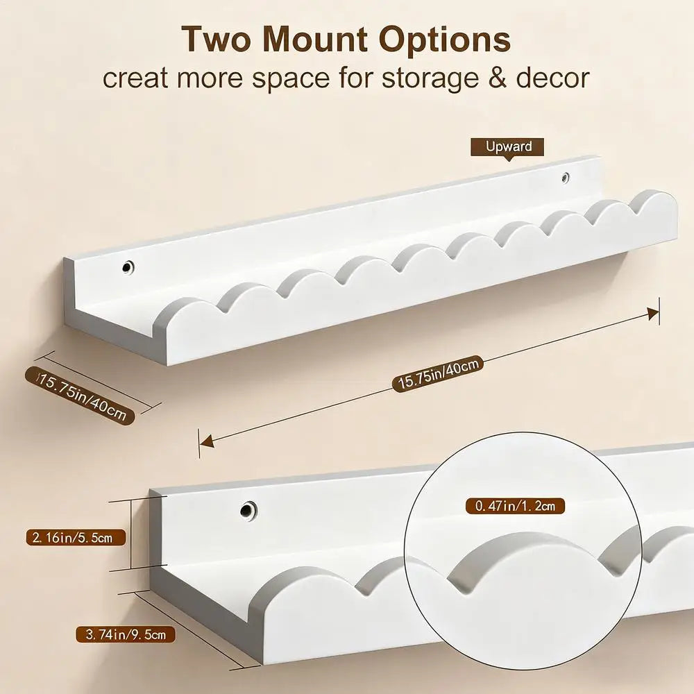 Arden Scalloped White Floating Wall Bookshelves – Set of 2 Wooden Storage Shelves for Nursery, Bedroom, or Playroom