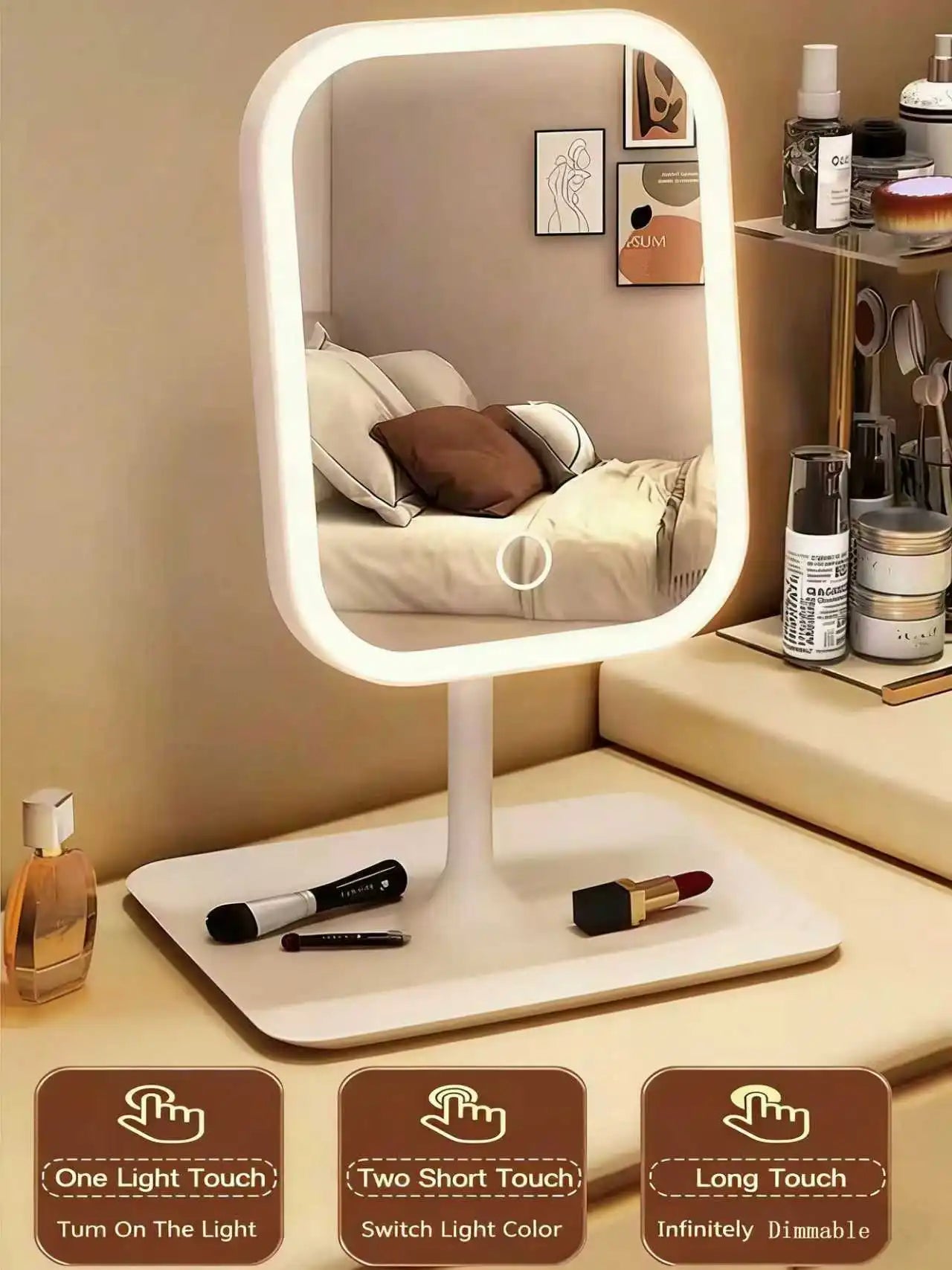Touch screen LED makeup mirror on a bedroom dressing table with illustrated instructions