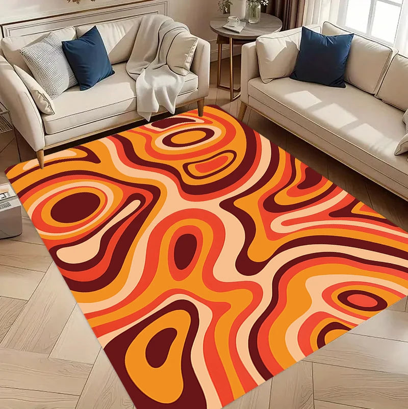 Retro geometric area rug with orange and brown swirl pattern in living room setting