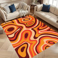 Retro geometric area rug with orange and brown swirl pattern in living room setting