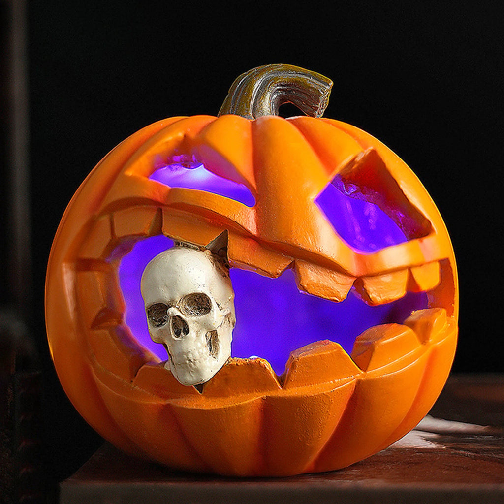halloween resin pumpkin lantern glowing purple with skull accent