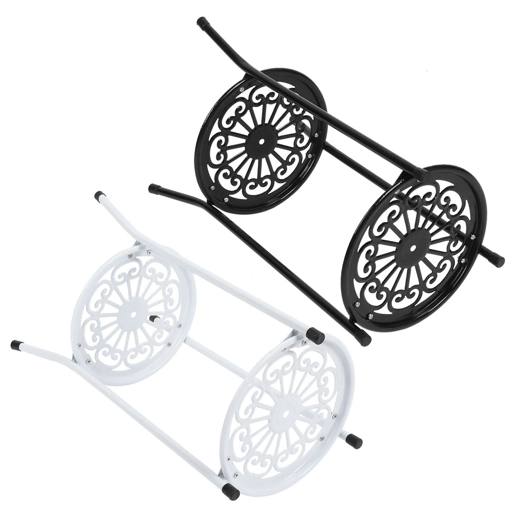 Black and white 2-tier metal plant stands shown from side lying down