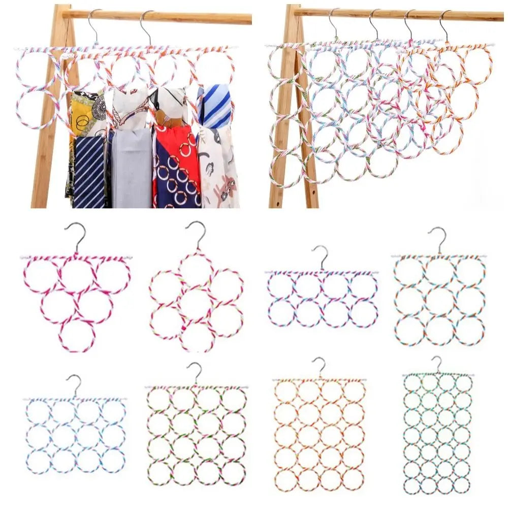 Assorted multi-ring rattan weave scarf hangers with varying loop counts and colorful patterns, shown on a hanging rack and laid out in multiple styles