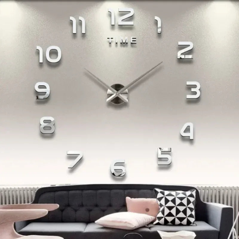 frameless 3D acrylic wall clock installed above sofa in living room setting